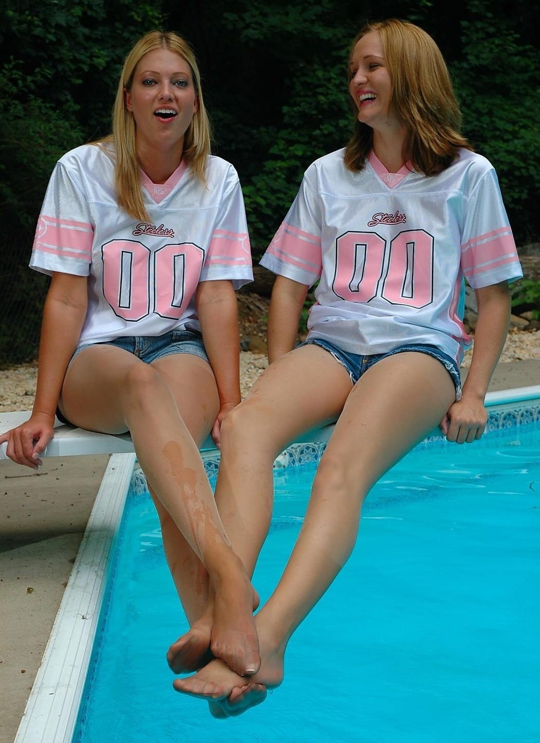 Two Young Girls in Wet Tan Pantyhose and Blue Denim Shorts